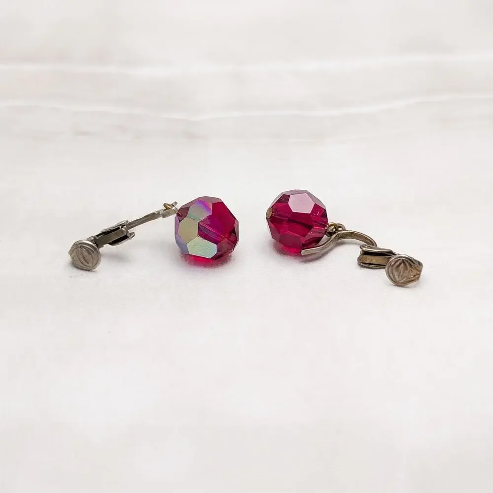 Vintage Clip On Earrings Red Faceted Dangle with Iridescent Finish